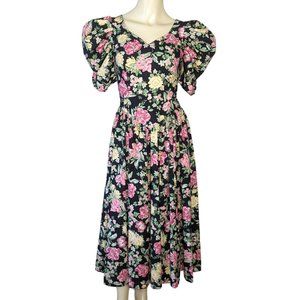 LAURA ASHLEY dress‎ size 8 multicolored floral V neck low V back bow vintage